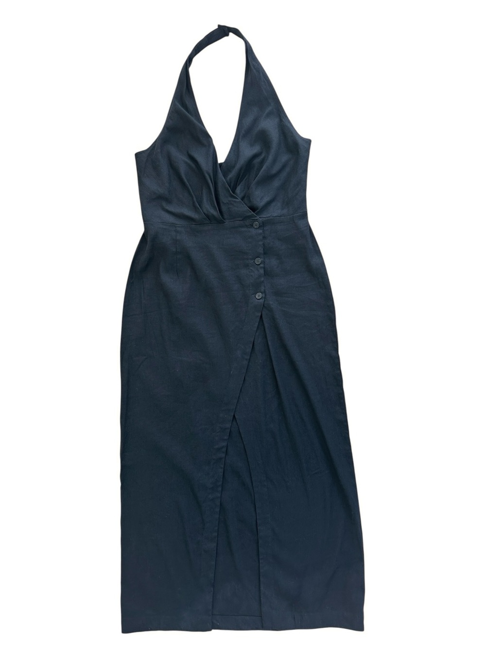 Anthropoligie Black Halter Linen Blend V Neck Column Midi Dress